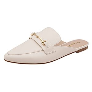 lot 9275 image: DREAM PAIRS Womens DML212 Flat Mules Buckle Pointed Toe Backless Slip on Slides Loafer Shoes, White Pu, Size 6.5
