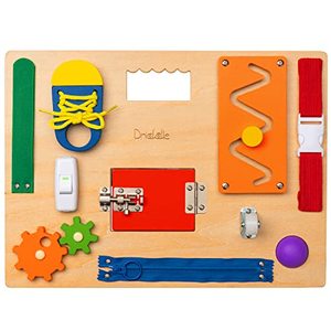 lot 9280 image: Busy Board - Wooden Montessori Activity Board for Toddlers & Kids - 12 Educational Sensory Toys to Learn Basic Life Skills & Develop Fine Motor Skills  Baby Mirror
