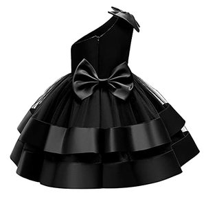 lot 9292 image: KLFFLGID Baby Girl Tulle One Shoulder Dresses Toddler Flower Girl Bowknot Formal Party Wedding Dress Tutu Gown Size 110 (Black)