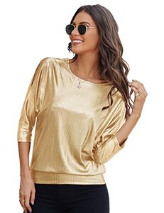 lot 9293 image: Women Glitter Shiny Metallic T Shirt Cold Shoulder Batwing Dolman Tops Club Party Holiday Sparkle Tunic Blouse Shiny gold M