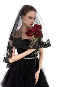 lot 9327 image: PAMOR Black Lace Veil Creative Mantilla Cathedral Tulle Sheer Wedding Halloween Veil for Bride With Comb