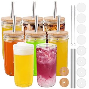 lot 9340 image: CRTWDMAN 24oz Glass Cups Iced Coffee Cups 8 Pack Drinking Glasses Tumbler with Bamboo Lids and Straws Beer Can Glass Mason Jars Smoothie Cups for Boba Bubble Tea soda Juice