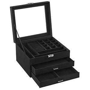lot 9346 image: SONGMICS Jewelry Box, Lockable Jewelry Storage Organizer, Jewelry Case with Glass Window, for Rings, Earrings, Studs, Bracelets, Necklaces, Black UJBC158B01