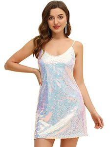 lot 9355 image: Allegra K Womens Halloween Glitter Sequin V Neck Spaghetti Strap Mini Party Dress Clubwear X-Large White Blue