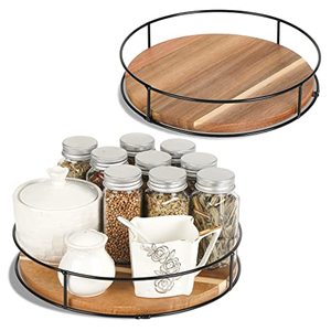 lot 9357 image:  2 Pack  11 &amp 12in Acacia Wood Lazy Susan Organizers with Steel Sides, Lazy Susan Turntable for Cabinet, Kitchen Turntable Storage for Table, Countertop, Pantry