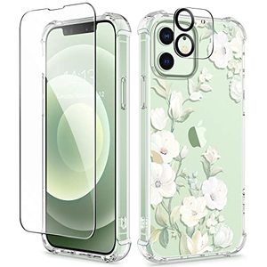 lot 9362 image: GVIEWIN for iPhone 12 Case and iPhone 12 Pro Case with Screen Protector  Camera Lens Protector, Clear Floral Flexible TPU Shockproof Cover Women Girls Flower Phone Case 6.1in(HibiscusGreen)