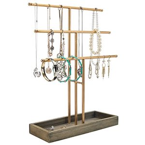 lot 9365 image: MyGift 3-Tier Vintage Gold Metal T-Bar Jewelry Organizer Stand, Necklace and Bracelet Hanging Display with Gray Wood Ring Tray