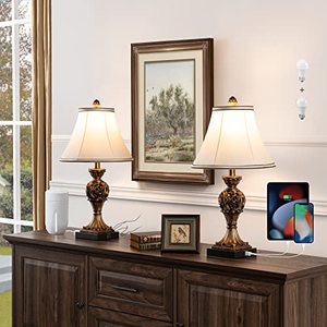 lot 9368 image: KAWOTI 3-Way Touch Control Traditional Table Lamp Set of 2 with USB Charging Ports and AC Outlet 23in Tall Classic Vintage Table Lamp Set with Amber Fabric Shade (Bulbs Included)