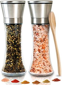 lot 9373 image: Salt and Pepper Grinder Set Of 2 - Adjustable Ceramic Coarseness, Stainless Steel, Glass Refillable Salt and Pepper Shakers & Mills For Spice, Black Peppercorn, Salt WWooden Spoon & Cleaning Brush