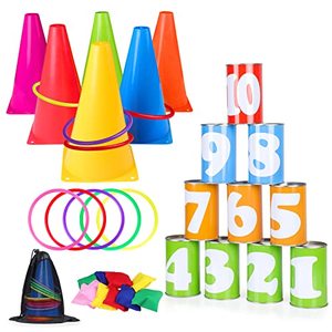 lot 9376 image: Hooqict 4 in 1 Carnival Games Combo Set Bean Bag Toss Can Games Soft Plastic Cone Cornhole Ring Toss Game for Kids Adults Birthday Party Indoor Outdoor Field Day Backyard Yard Games