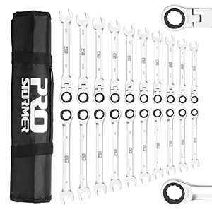 lot 9379 image: Prostormer 20-Piece SAE and Metric Ratcheting Wrench Set, Chrome Vanadium Steel Combination Ratchet Wrench Kit with Portable Roll-Up Canvas Bag (10Pcs Flex-Head  10Pcs Fixed Head)