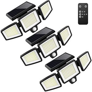 lot 9380 image: Tuffenough Solar Outdoor Lights 2500LM 210 LED Security Lights with Remote Control,3 Heads Motion Sensor Lights, IP65 Waterproof,270° Wide Angle Flood Wall Lights with 3 Modes(3 Packs)