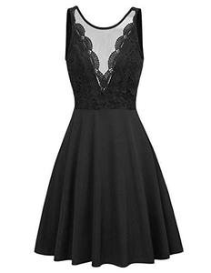 lot 9382 image: Women Lace Patchwork High Waist Slim Fit A-Line Flare Party Dress L Black