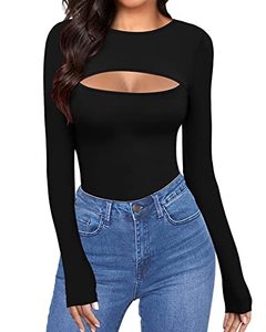 lot 9389 image: ALGALAROUND Womens Cutout Tops Basic Long SleeveShort Sleeve Round Neck Slim Fit T-Shirts (B Long Sleeve Black, Small)