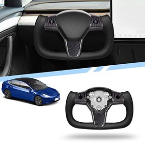 lot 9391 image: QianBao Compatible with Tesla Model 3 and Model Y of All Years Real Carbon Fiber Genuine Leather Steering Wheel Sport Racing Interior Accessory Steering Wheel Protection Black