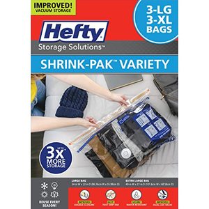 lot 9399 image: Hefty Shrink-Pak 3 Large and 3 XL Vacuum Seal Storage Bags Space Saver Bags for Clothing, Pillows, Towels, or Blankets, 3 x Large and 3 x XL Bags