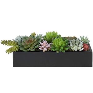 lot 9402 image: MyGift 12 Inch Modern Artificial Succulent Plants Arrangement Centerpiece in Black Rectangular Wood Planter Box