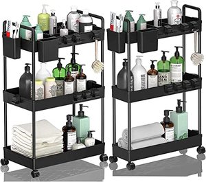 lot 9405 image: Mosxoed Slim Storage Cart Rolling Utility Cart with Wheels 3 Tier Mobile Bathroom Organizer Cart for Laundry Room Kitchen Office Narrow Space with Handle Hanging Cups Dividers, Black, Pack of 2