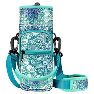 lot 9406 image: CaseBot Water Bottle Carrier Bag Sling Case, Sports Water Bottle Pouch Holder Sleeve with Adjustable Shoulder Hand Strap and 2 Pockets for Men Women Hiking Camping Travelling, Emerald Illusions