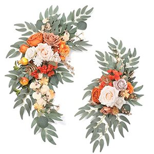 lot 9416 image: Serra Flora Artificial Wedding Arch Flowers Swag Kit(Pack of 2)- 2pcs Ivory Greenery Sign Arbor Floral Arrangement for Ceremony and Reception Backdrop Decoration (Pink Orange)