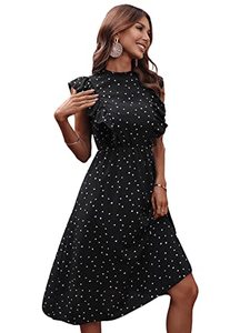 lot 9424 image: Floerns Womens Heart Print Frill Neck Cap Sleeve Ruffle Trim A Line Midi Dress Black S