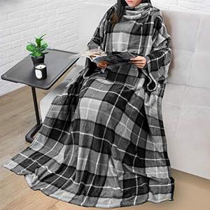 lot 9596 image: PAVILIA Premium Fleece Blanket with Sleeves for Women Men Adult, Wearable Blanket Warm Cozy, Super Soft Sleeved Throw with Arm, Gift for Women Mom Wife (Plaid Charcoal, Kangaroo Pocket)