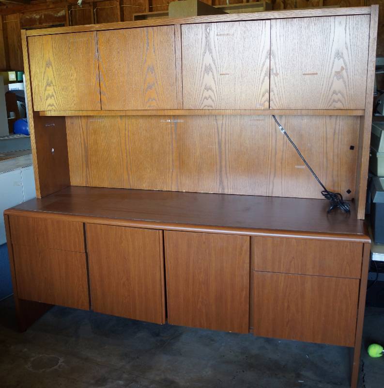 lot 2406 image: Solid Wood (Oak) Office Style Lighted Hutch  Credenza - Heavy Duty Quality Furniture