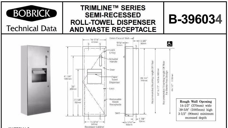 lot 2440 image: Roll-Towel Dispenser and Waste Receptacle by BROBRICK - NEW IN BOX B-396034 Commercial bathroom equipment