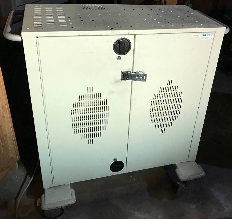 lot 2034 image: Commercial Rolling & Locking Multi-Media Charging Station - 20 Outlets with 16 Shelves -Extra Long Cord with Surge Protection and Cooling Vents