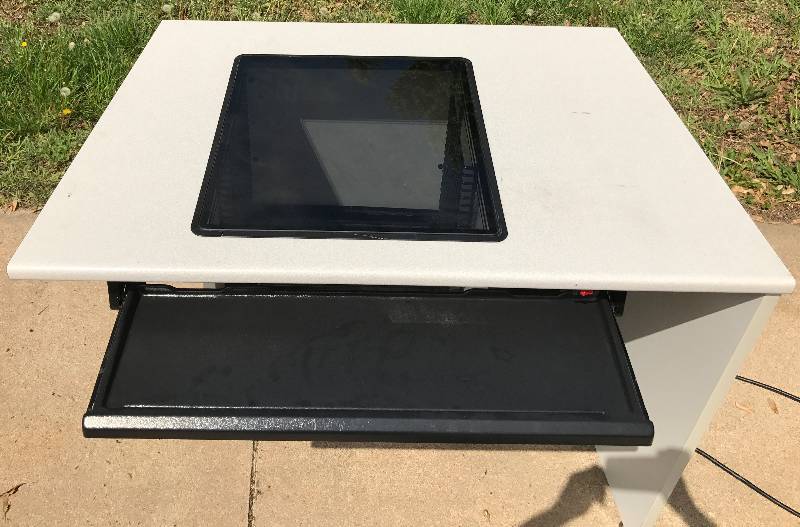 lot 2278 image: Glass Top Computer Table with Slide Out Keyboard Tray & Power Strip - WORKS