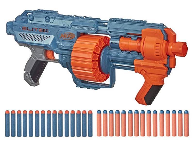 lot 61959 image: NERF Elite 2.0 Shockwave RD-15 Blaster, 30 Darts, 15-Dart Rotating Drum, Pump-Action Slam Fire, Built-in Customizing Capabilities