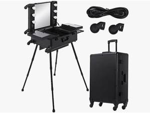 lot 60007 image: Vevor Rolling Makeup Case 28x21x54 with LED Light Mirror Adjustable Legs Lockable Train Table Studio Artist Cosmetic Retail$330