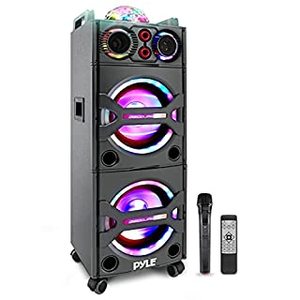 lot 60128 image: Pyle PSUFM1043BT - Bluetooth PA Loudspeaker Karaoke Entertainment System Active Powered Speaker Flashing DJ Party Lights MP3USBSD FM Radio Wireless Mic