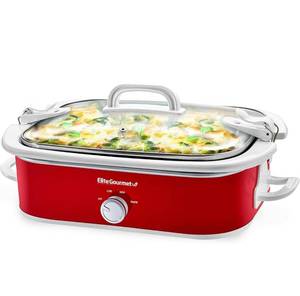 lot 60130 image: Elite Gourmet MST-5240 Casserole Crock Slow Cooker, Locking Lid Adjustable Temperature Keep Warm Oven & Dishwasher-Safe Casserole Pan, 3.5Qt Capacity, Red