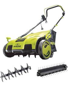 lot 60136 image: Sun Joe AJ805E 15-Inch 13-Amp Electric Dethatcher and Scarifier wRemoveable 13.2-Gal Collection Bag, 5-Position Height Adjustment, Airboost Technology Increases Lawn Health, Green
