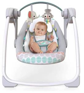 lot 60121 image: Bright Starts Portable Automatic 6-Speed Baby Swing with Adaptable Speed, Taggies, Music, Removable-Toy Bar, 0-9 Months 6-20 lbs (Whimsical Wild)
