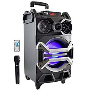 lot 60155 image: Pyle PWMA325BT - Portable Bluetooth Karaoke System PA Loudspeaker with Flashing DJ Lights Built-in Rechargeable Battery Wireless Microphone Mic Talk-Over and Recording Ability MP3USBSDFM