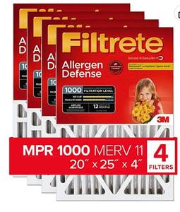 lot 60179 image: Filtrete 20x25x4, AC Furnace Air Filter, MPR 1000 DP, Micro Allergen Defense Deep Pleat, 4-Pack (actual dimensions 19.88 x 24.63 x 4.31)