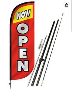 lot 60261 image: LookOurWay Open Themed 5-Feet Tall Feather Flag Banner for Business Advertising, Complete Set with Aluminum Fiberglass Pole Set and Ground Spike