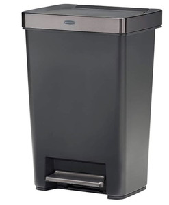 lot 60276 image: Rubbermaid Premier Series III Step-On Trash Can for Home and Kitchen, with Stainless Steel Rim, 12.4 Gallon, Charcoal