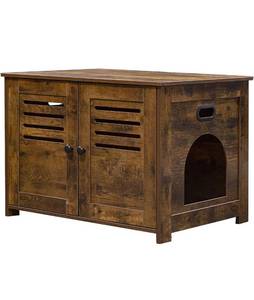 lot 60287 image: DINZI LVJ Litter Box Enclosure, Cat Litter House with Louvered Doors, Entrance Can Be on Left or Right Side, Spacious Hidden Cat Washroom for Most of Litter Box, Cat Furniture Cabinet, Rustic Brown
