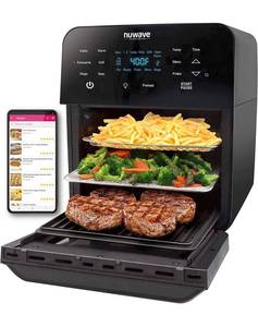 lot 60288 image: NUWAVE Brio Air Fryer Smart Oven, 15.5-Qt X-Large Family Size, Countertop Convection Rotisserie Grill Combo, Non-Stick Drip Tray, Stainless Steel Rotisserie Basket.