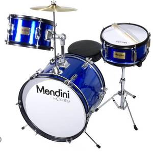 lot 60337 image: Mendini By Cecilio Drum Set �� 3-Piece Kids Drum Set (16), Includes Bass Drum, Tom, Snare, Drum Throne - Musical Instruments for Age 6-12, Metallic Blue Drum Kit