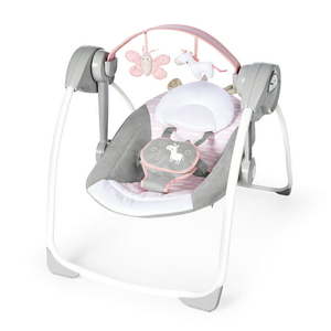 lot 60368 image: Ingenuity Soothe n Delight 6-Speed Portable Baby Swing with Music - Flora the Unicorn (Pink)