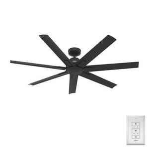 lot 60372 image: Hunter 60 inch Downtown Matte Black Damp Rated Ceiling Fan and Wall Control