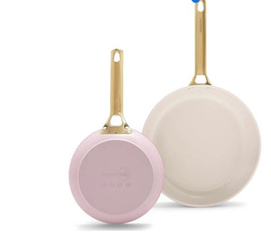 lot 60476 image: GreenPan Reserve Hard Anodized Healthy Ceramic Nonstick 8 and 10 Frying Pan Skillet Set, Gold Handle, PFAS-Free, Dishwasher Safe, Oven Safe, Blush Pink