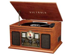 lot 60406 image: Victrola Nostalgic 6-in-1 Bluetooth Record Player & Multimedia Center with Built-in Speakers - 3-Speed Turntable, CD & Cassette Player, FM Radio  Wireless Music Streaming  Mahogany retail$115