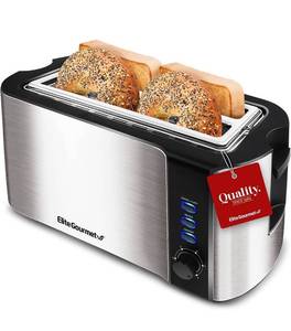 lot 60448 image: Elite Gourmet ECT-3100 Long Slot 4 Slice Toaster, Reheat, 6 Toast Settings, Defrost, Cancel Functions, Built-in Warming Rack, Extra Wide Slots for Bagels & Waffles, Stainless Steel & Black