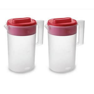 lot 60449 image: Rubbermaid 2-Piece Pitcher Set with 3 Position Pour Spout Lid for Water, Tea, and Drinks, Dishwasher Safe, 1-Gallon, ClearRed (B08X8H6S9N)