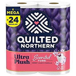 lot 60452 image: Quilted Northern Ultra Plush� Toilet Paper with Sweet Lilac & Vanilla Scented Tube, 6 Mega Rolls, 3-Ply Bath Tissue (B09V1PNV5L)